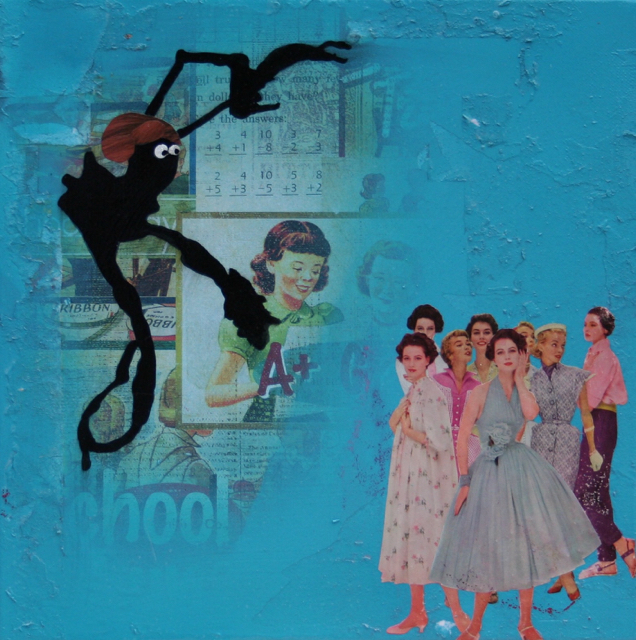 Masters of Suburbia; Collage, Spray Paint, and India Ink on Canvas; 12